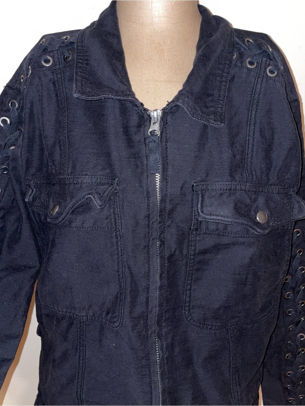 Free People Black Eyelet-Trim Jean Jacket -biker-goth - Picture 8 of 9
